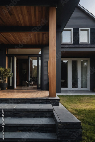 Wallpaper Mural Modern home's exterior featuring a dark gray facade, wooden porch cover, dark gray stone steps, and large glass doors.  The lawn is visible in the background. Torontodigital.ca