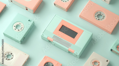 A collection of pastel-colored retro cassette tapes in mint green and peach hues arranged on a matching background, evoking a clean and nostalgic aesthetic with vintage vibes. photo