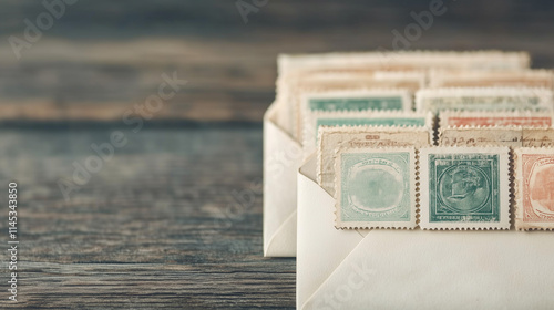 A close-up of antique postage stamps in shades of green and orange neatly arranged in a worn envelope, set on a rustic wooden surface, evoking a sense of nostalgia and classic charm. photo