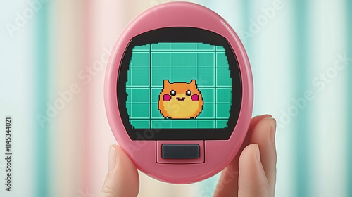 A vibrant pink digital pet toy with a pixelated orange character displayed on its screen, held against a pastel-striped background, evoking playful retro vibes and 1990s nostalgia. photo