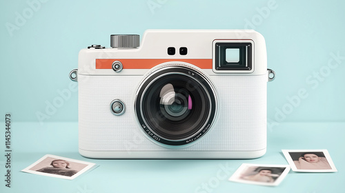 A sleek white Polaroid camera with orange accents, surrounded by monochrome instant photos on a pastel blue background, offering a stylish and nostalgic take on analog photography. photo