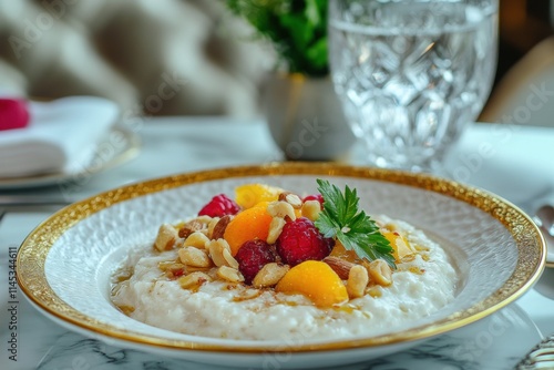 A beautifully presented bowl of daliya topped with fruits and nuts. photo