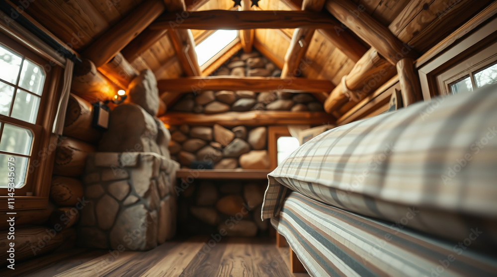 Interior of a log cabin featuring a stone fireplace, wood beams, a skylight, and a plaid bedspread on a bed. Warm, natural light illuminates the space. The wood and stone create a rustic aesthetic. Interior of a log cabin featuring a stone fireplace, wood beams, a skylight, and a plaid bedspread on a bed. Warm, natural light illuminates the space. The wood and stone create a rustic aesthetic.