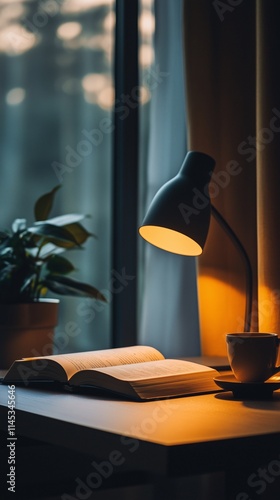 Minimalist Desk with Book and Tea