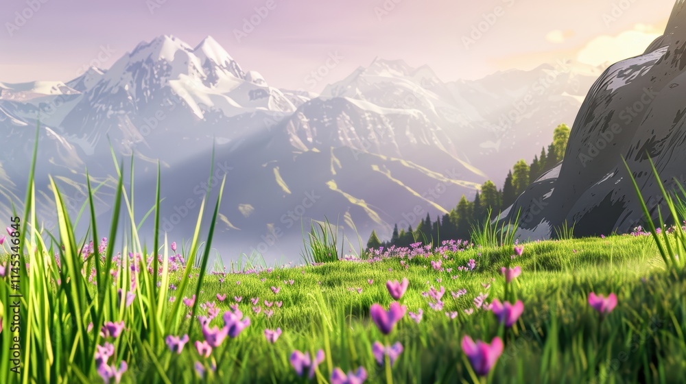 Fototapeta premium Serene Mountain Landscape with Colorful Flowers and Majestic Peaks