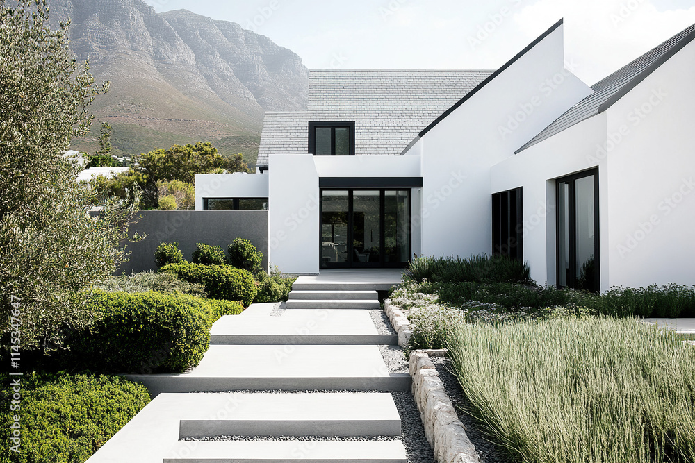 Fototapeta premium A minimalist modern house in Cape Town with white walls, black windows, and concrete steps leading to the entrance of the home. The garden is lush and green, with an olive tree on one side.