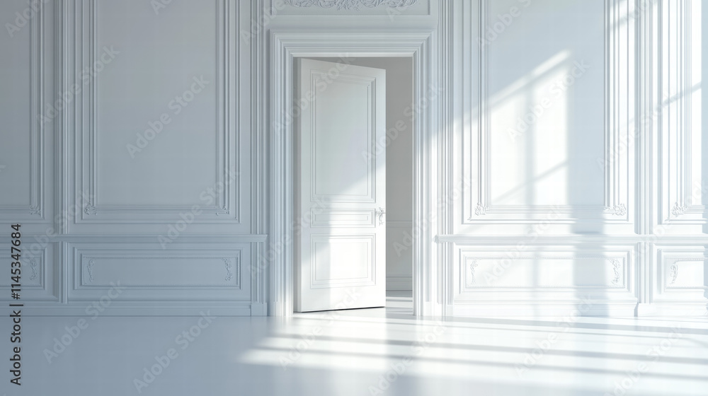 a white door open in an empty room with classic wall paneling. Isolated background with copy space a white door open in an empty room with classic wall paneling. Isolated background with copy space