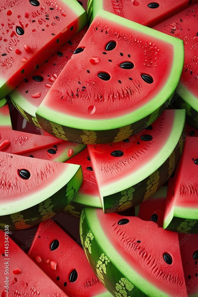 A hyper-realistic close-up of a sliced watermelon showing its bright red, juicy flesh with black seeds arranged beautifully A hyper-realistic close-up of a sliced watermelon showing its bright red, juicy flesh with black seeds arranged beautifully