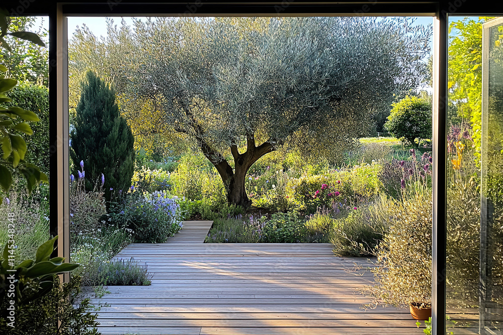 An olive tree surrounded by various plants and flowers, creating an inviting atmosphere for the garden in France with its wooden floor. The perspective is from inside, through glass doors. An olive tree surrounded by various plants and flowers, creating an inviting atmosphere for the garden in France with its wooden floor. The perspective is from inside, through glass doors.