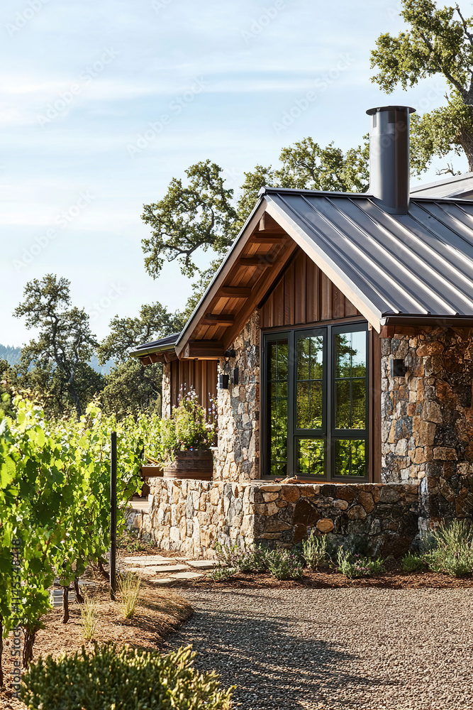 A rustic, stone and wood cabin with large windows overlooking the vineyards of Napa Valley in California. The roof is made from metal tiles that reflect sunlight into the interior spaces. A rustic, stone and wood cabin with large windows overlooking the vineyards of Napa Valley in California. The roof is made from metal tiles that reflect sunlight into the interior spaces.