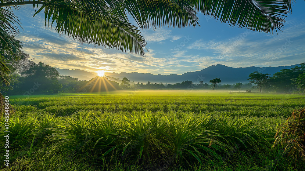 Morning mist hovering over the rice fields. Morning mist hovering over the rice fields.