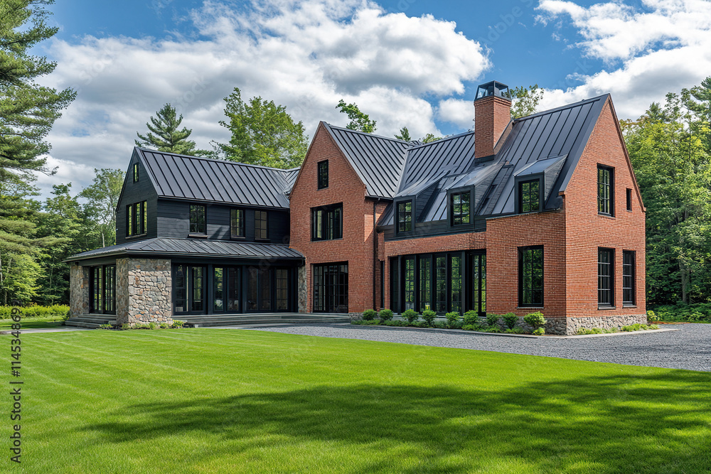 A modern farmhouse with a red brick exterior, a black roof, and large windows on the front of a two-story home in New Hampshire, surrounded by green grass. The house has an L-shaped design. A modern farmhouse with a red brick exterior, a black roof, and large windows on the front of a two-story home in New Hampshire, surrounded by green grass. The house has an L-shaped design.