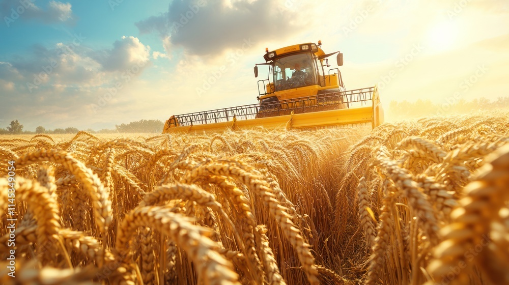 Fototapeta premium Golden Wheat Field With Harvesting Combine