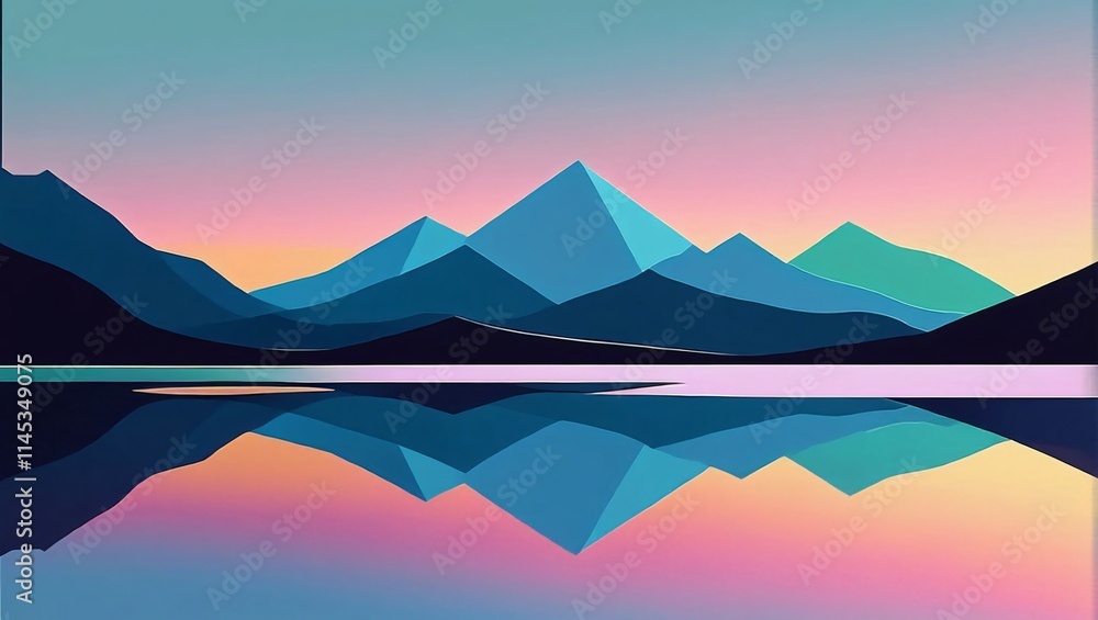 Naklejka premium A serene lake reflecting the pastel hues of a tranquil sunset in a minimalist vector landscape, with distant mountains adding to the tranquility