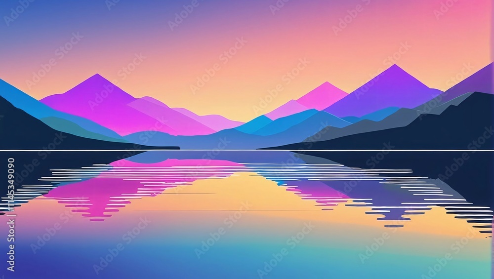 Minimalist vector landscape depicting a tranquil sunset scene with a serene lake reflecting pastel mountains Minimalist vector landscape depicting a tranquil sunset scene with a serene lake reflecting pastel mountains