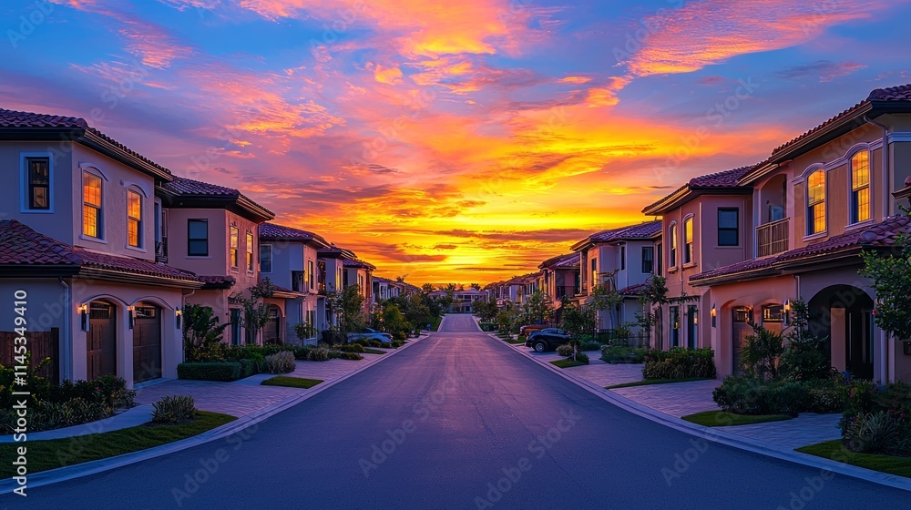 Fototapeta premium Serene Sunset Over a Suburban Neighborhood