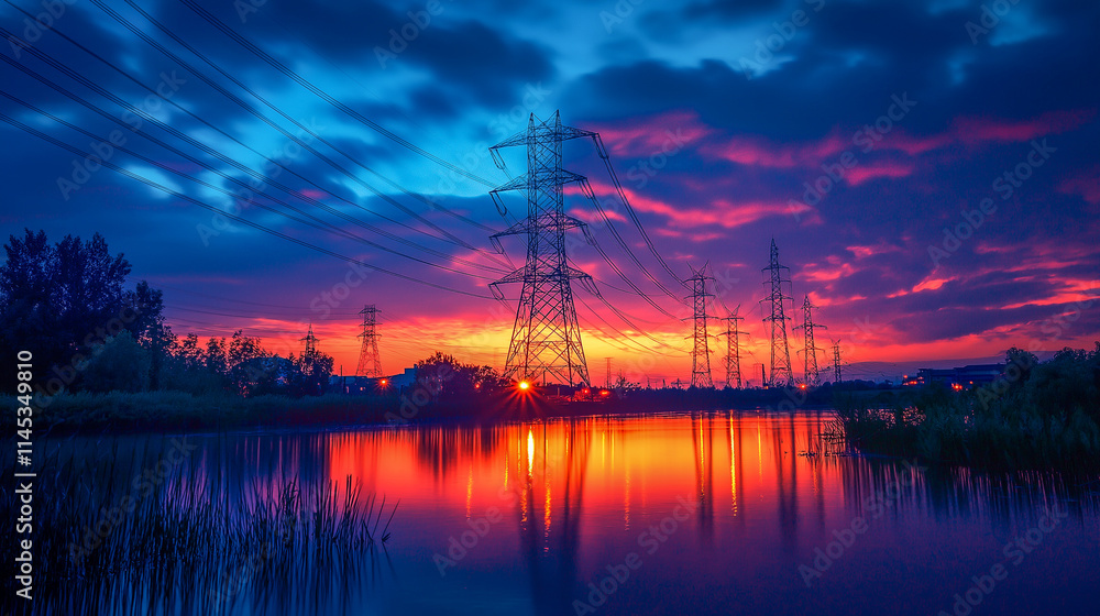 Obraz premium High voltage pole at sunset sky.