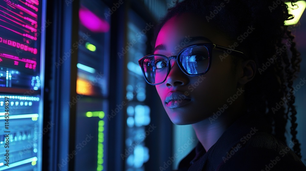 Focused Black Woman Working in IT Support with Server Technology Focused Black Woman Working in IT Support with Server Technology