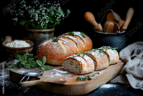 Rustic Loaf: A Culinary Masterpiece of Freshly Baked Bread. This SEO-friendly title captures the essence of a delicious, homemade loaf, perfect for food photography and baking enthusiasts. photo