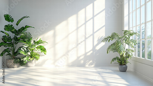 Fototapeta Naklejka Na Ścianę i Meble -  3D rendering of a white, empty room with plants and a window. Sunny day