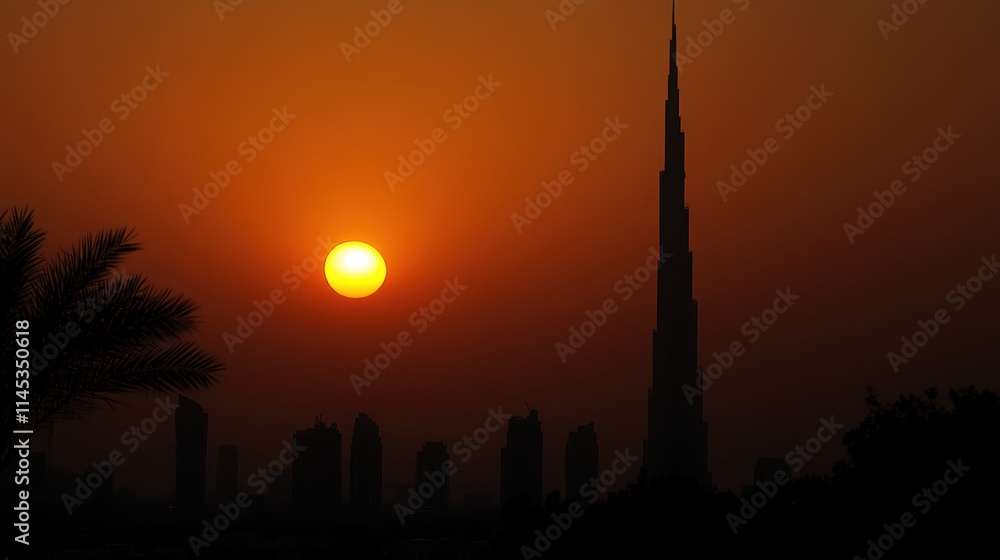 Obraz premium Stunning Sunset Over City Skyline with Tall Tower and Palm Trees