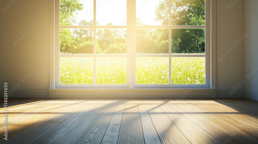 An empty room with a wooden floor and a window looking out onto a grassy field on a sunny day. Sunlight streams through the window An empty room with a wooden floor and a window looking out onto a grassy field on a sunny day. Sunlight streams through the window