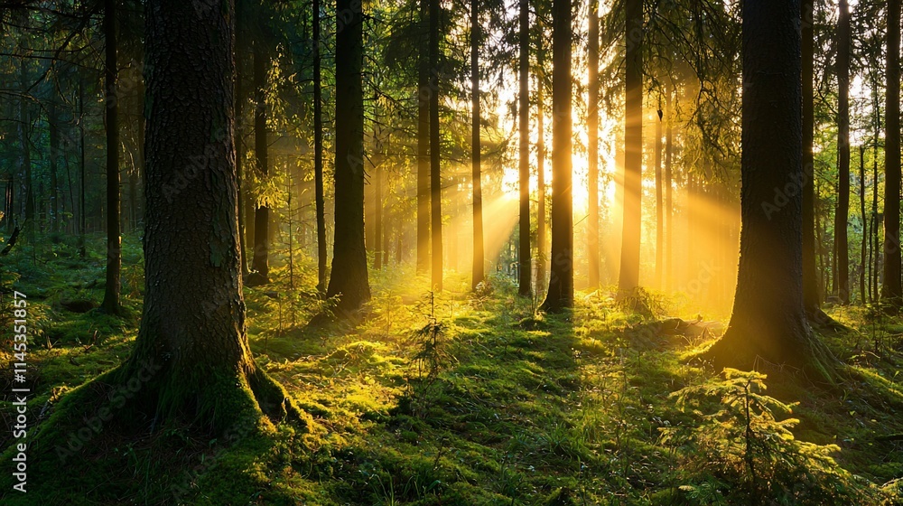 Fototapeta premium Sunbeams illuminating a lush forest at sunrise.
