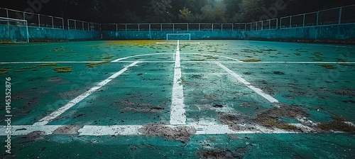 Overgrown and weathered, this abandoned sports court whispers tales of forgotten games and youthful energy.  The teal surface, marked with faded white lines, hints at a vibrant past. photo