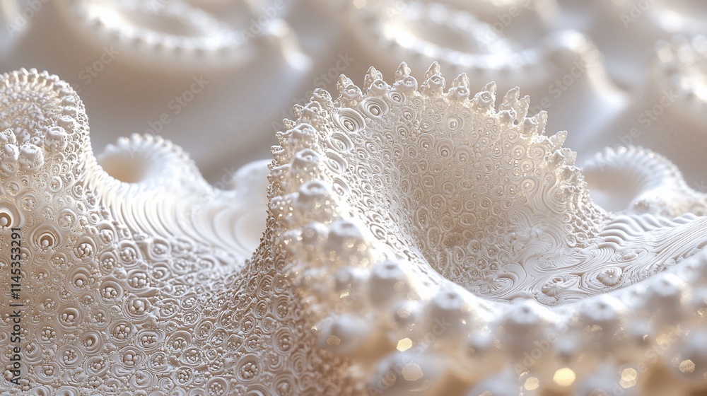 Abstract 3D render of a creamy white organic fractal surface with intricate details. Abstract 3D render of a creamy white organic fractal surface with intricate details.