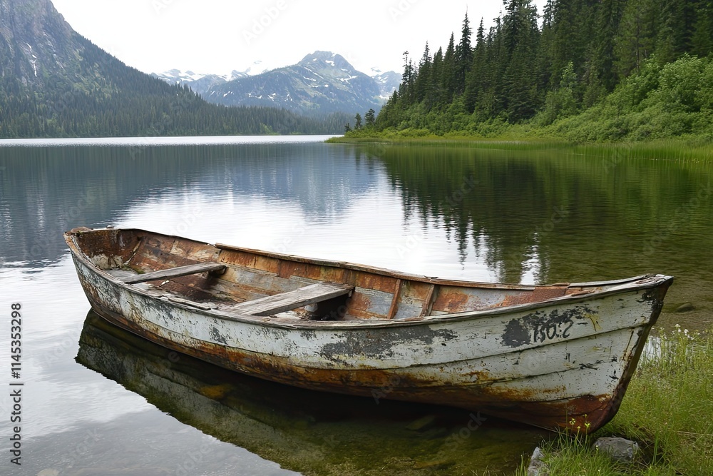 Old weathered rowboat rests on serene mountain lake shore Old weathered rowboat rests on serene mountain lake shore