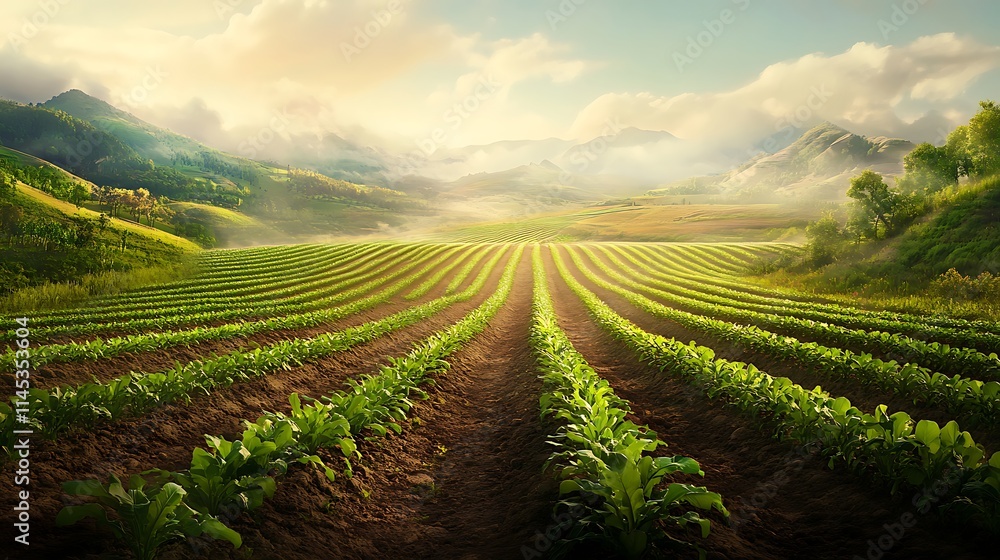 A natural composition featuring organic farming practices where orderly rows of healthy crops grow under natural light without synthetic inputs A natural composition featuring organic farming practices where orderly rows of healthy crops grow under natural light without synthetic inputs