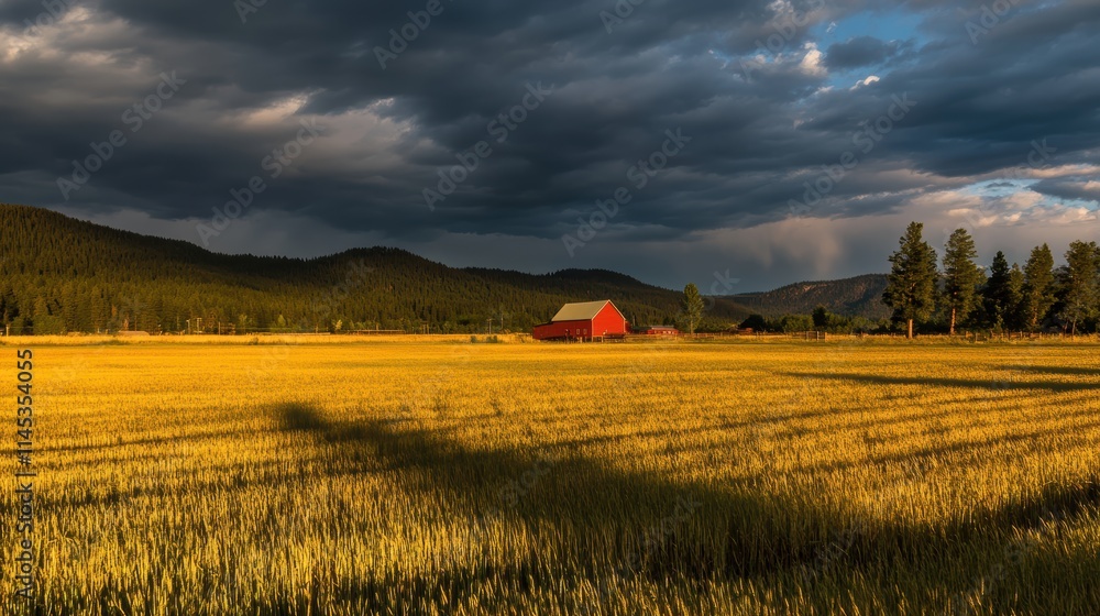 Obraz premium Serene Landscape with Red Barn Under Dramatic Cloudy Sky