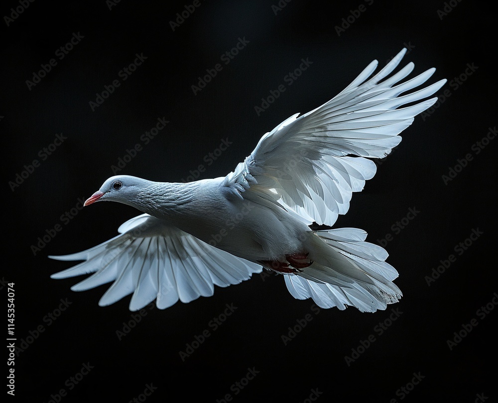Obraz premium A majestic white dove in flight, its wings spread wide against a dark background. A symbol of peace and hope.