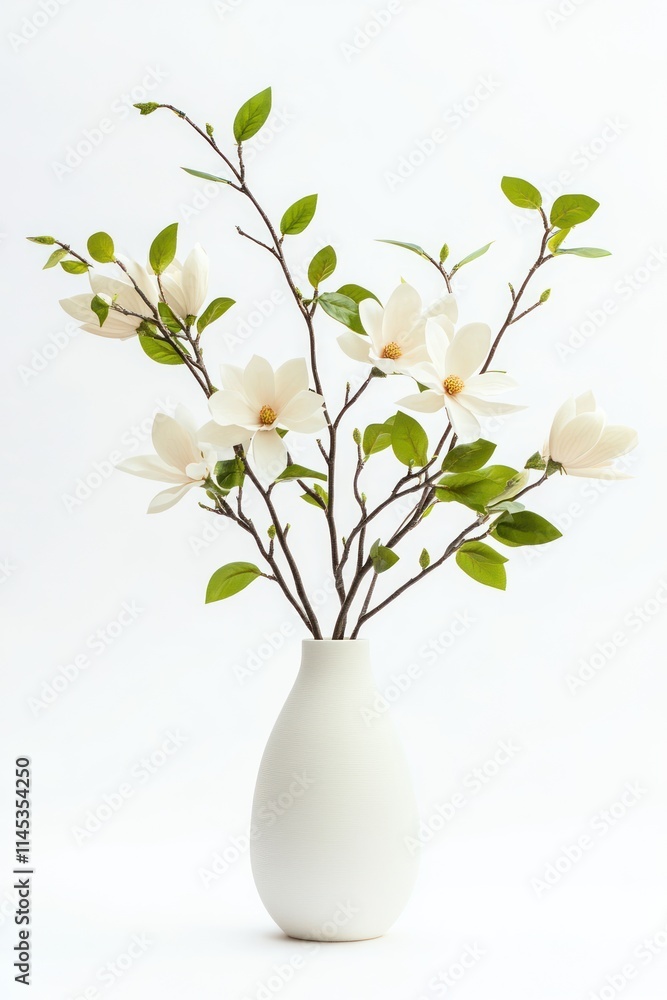 Elegant white magnolia blossoms in a simple white vase against a bright white background. (1) Elegant white magnolia blossoms in a simple white vase against a bright white background. (1)