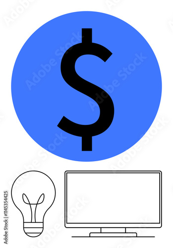 Light bulb, dollar sign in blue circle, and monitor symbolize finance, innovation, and technology. Ideal for financial planning, technological advancements, business ideas, startups economic growth