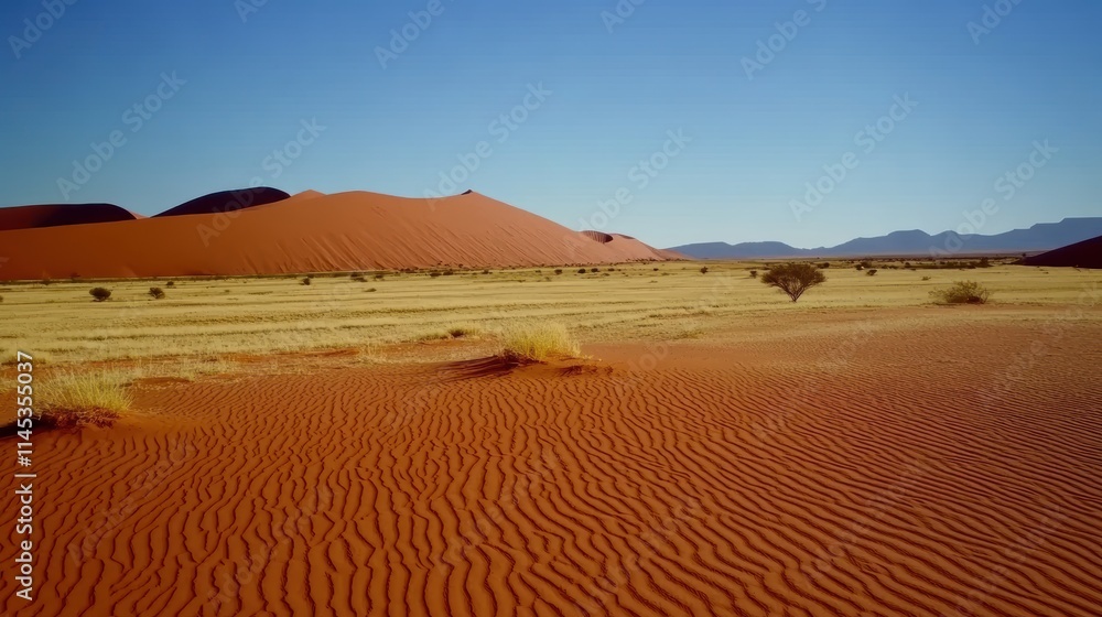 Serene Desert Landscape with Red Sand Dunes Under Clear Blue Sky Serene Desert Landscape with Red Sand Dunes Under Clear Blue Sky