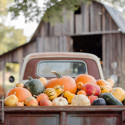 vintage truck filled with colorful pumpkins squash and colorful fall and winter vegetable harvest ready for local farmers market illustration or organic food concept photo