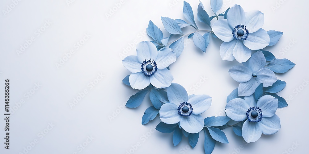 Blue Anemones and Leaves Form a Floral Wreath Blue Anemones and Leaves Form a Floral Wreath