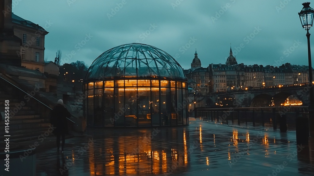 Fototapeta premium Glass dome structure at dusk near river, city lights reflecting on wet pavement.