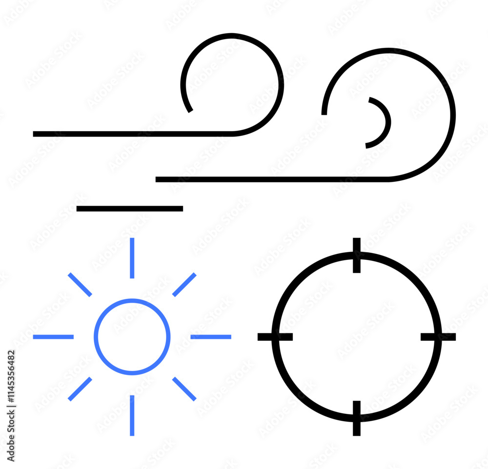 Wind swirl, sun with rays, target circle with crosshair. Ideal for weather forecasts, climate apps, navigation tools, games, presentations educational materials websites. Line metaphor Wind swirl, sun with rays, target circle with crosshair. Ideal for weather forecasts, climate apps, navigation tools, games, presentations educational materials websites. Line metaphor