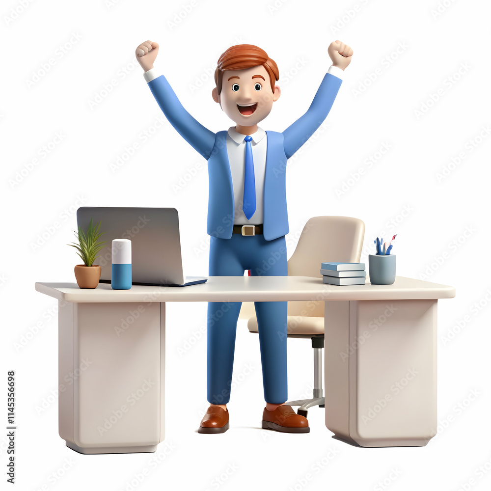 Young Professional Celebrating Career Success on Desk with Plain Background Young Professional Celebrating Career Success on Desk with Plain Background