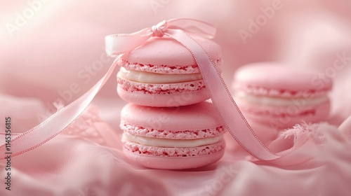 Delicate Pink Macarons with Ribbon on Silk Fabric