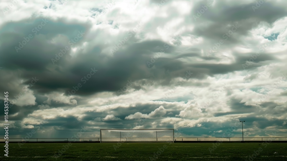 Dramatic Cloudy Sky Over a Soccer Goal on a Green Field