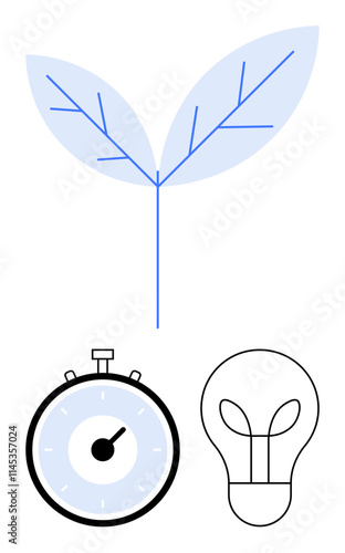 Leaf with stem, blue stopwatch, lightbulb outline represent nature growth and time productivity, creative ideas generation, sustainability. Ideal for environmental, productivity, innovation, energy