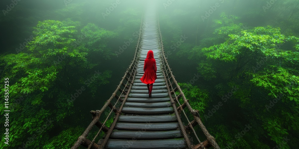 Fototapeta premium Woman in Red Walking on Misty Bridge Surrounded by Lush Green Forest Ethereal Landscape Tranquil Nature Scene Captivating Perspective