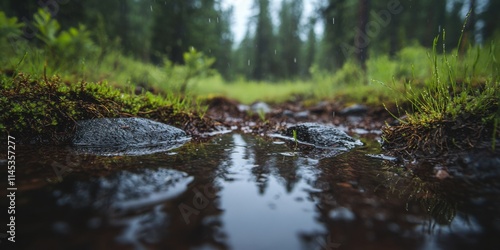 Rainy Day Reflections Forest Stream Nature Lush Green Environment Low Angle View Serenity and Tranquility in the Wilderness