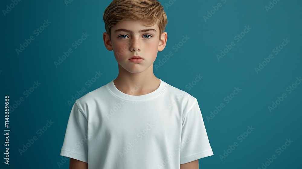 Portrait of a serious young boy in a white t-shirt against a teal background. Portrait of a serious young boy in a white t-shirt against a teal background.