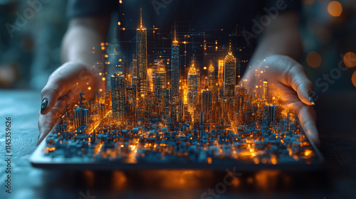 man holds a tablet showcasing a digital city skyline, representing the link between technology, urban growth, and the evolution of smart cities, innovation, and the future of digital transformation #1145359626