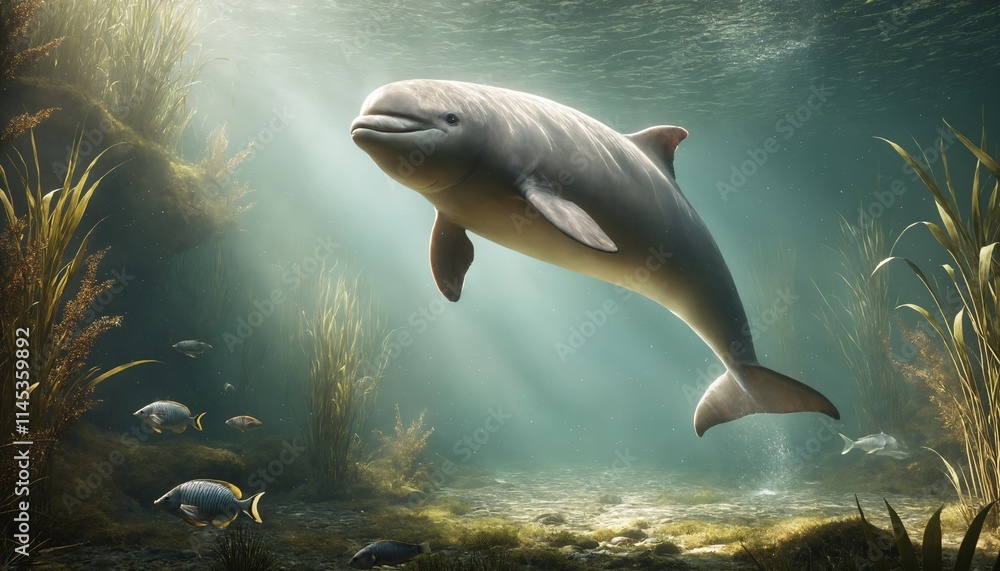Fototapeta premium The Yangtze finless porpoise, a freshwater cetacean endemic to China's Yangtze River, is a toothed whale in the porpoise family.