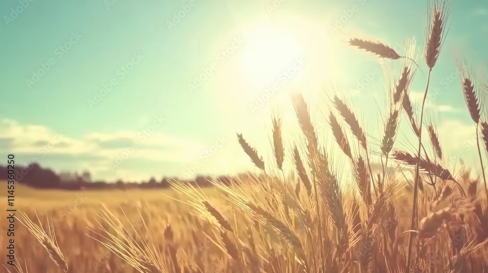Fototapeta premium Golden Wheat Field Under Bright Sunlight with Clear Blue Sky